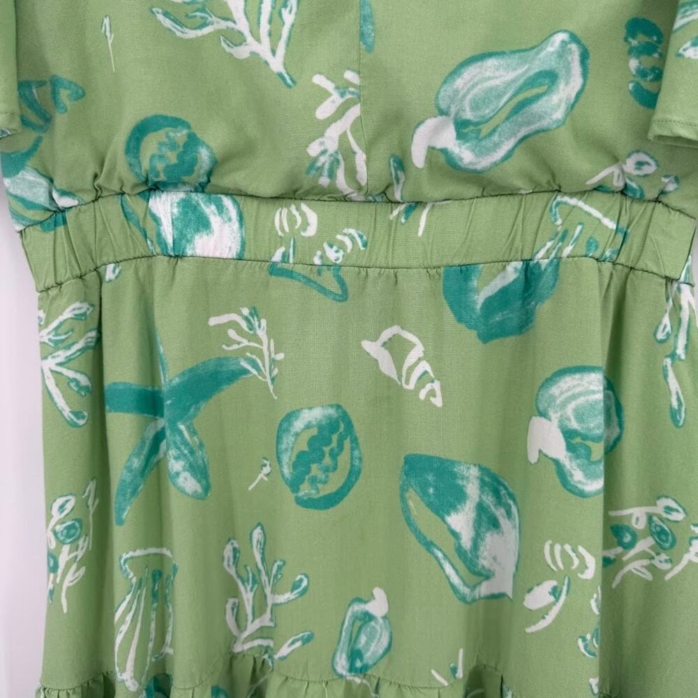 Vintage Sea Life Print Maxi Dress Women L Green Beach Coastal Flutter Sleeve - Picture 5 of 9